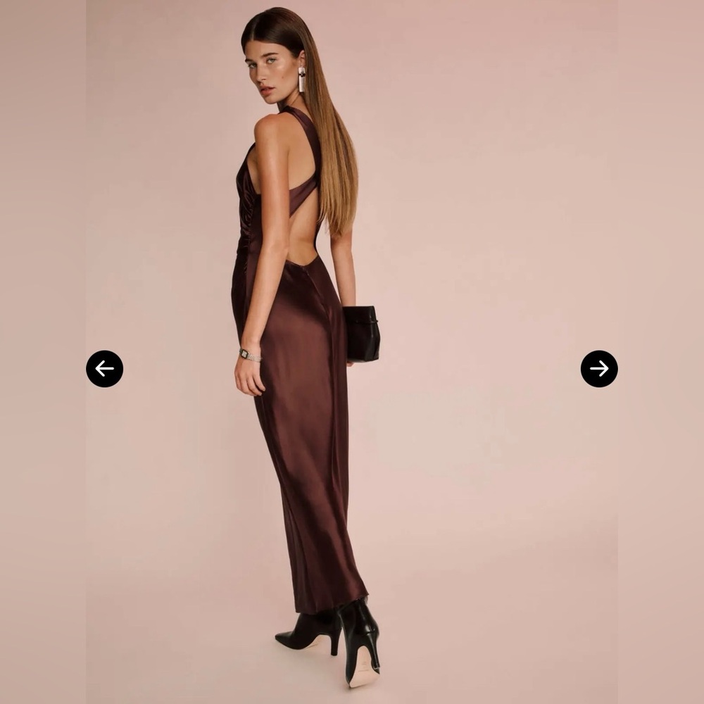 NWT $348 REFORMATION Casette Silk Midi Dress | Cowl-Neck, Ruching - Mahogany 12